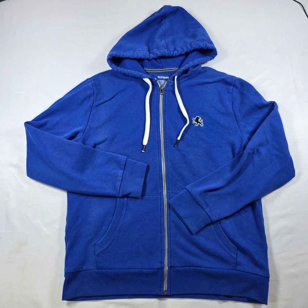 Express Mens Royal Blue Lion Logo Full Zip Fleece Hoodie Sweatshirt Large